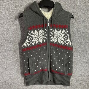 Aeropostale Gray Fair Isle Snowflake Knit Hooded Vest Faux Fur Lined Large